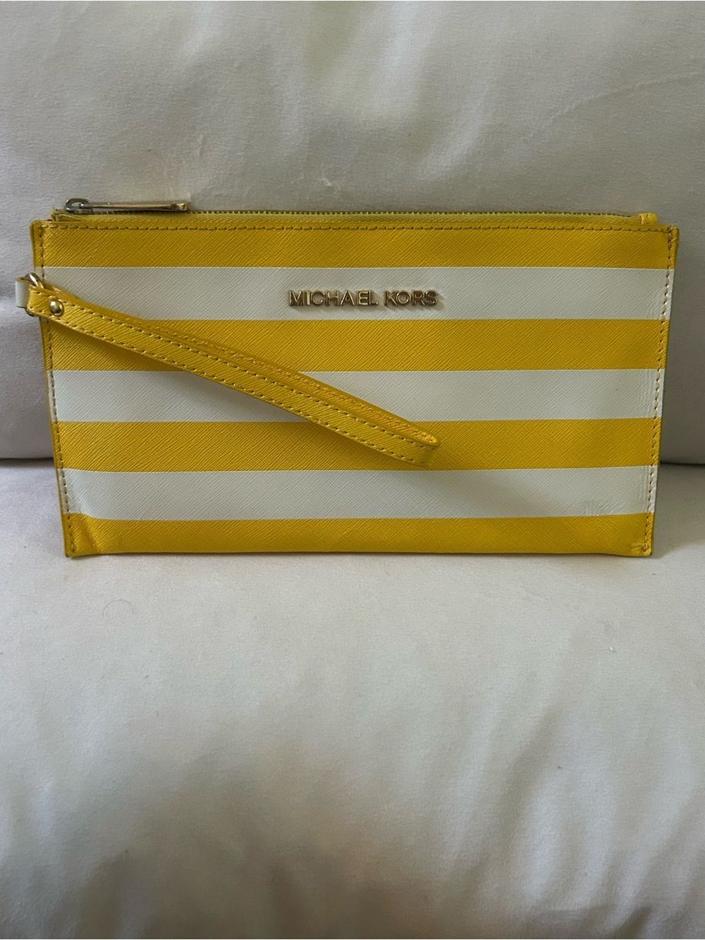 Michael Kors Jet Set Yellow & White Striped Saffiano Leather Wristlet Wallet